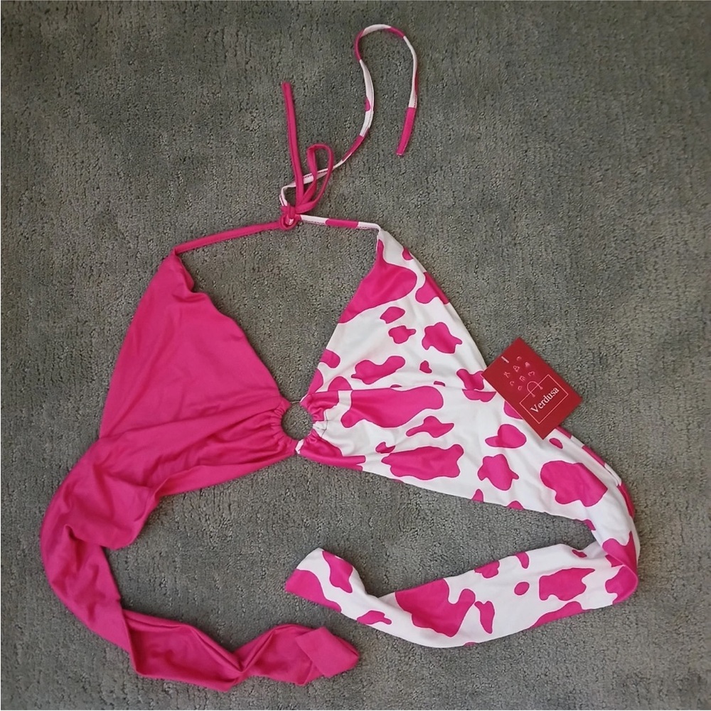 womens Verdusa Halter Crop Top Size Small Pink & Cow Print Summer Cowgirl Barbie